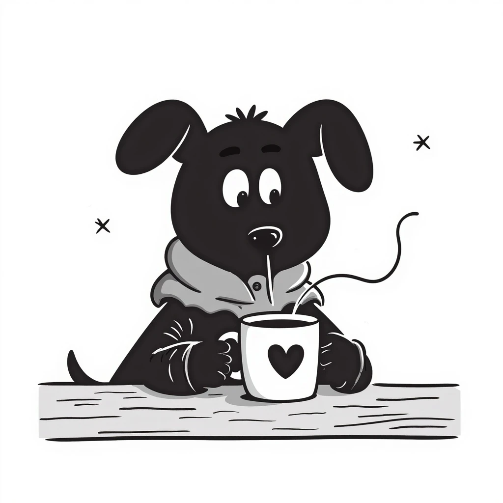 A dog drinking a cup of coffee, outside is cold emoji