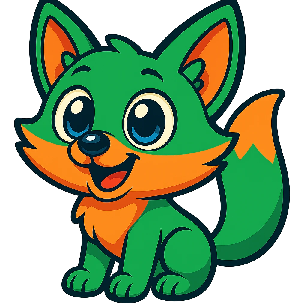 Make the green fox more cartoonish with large expressive eyes, bright colors, and a friendly expression in vibrant toon style, no background. emoji