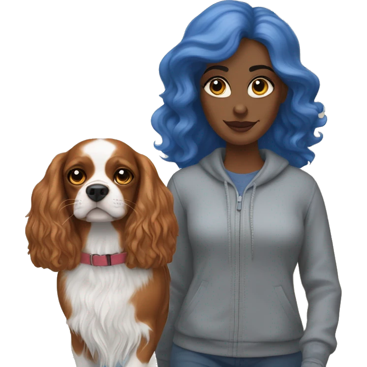 A white woman with blue eyes walks with a cavalier King Charles spaniel emoji