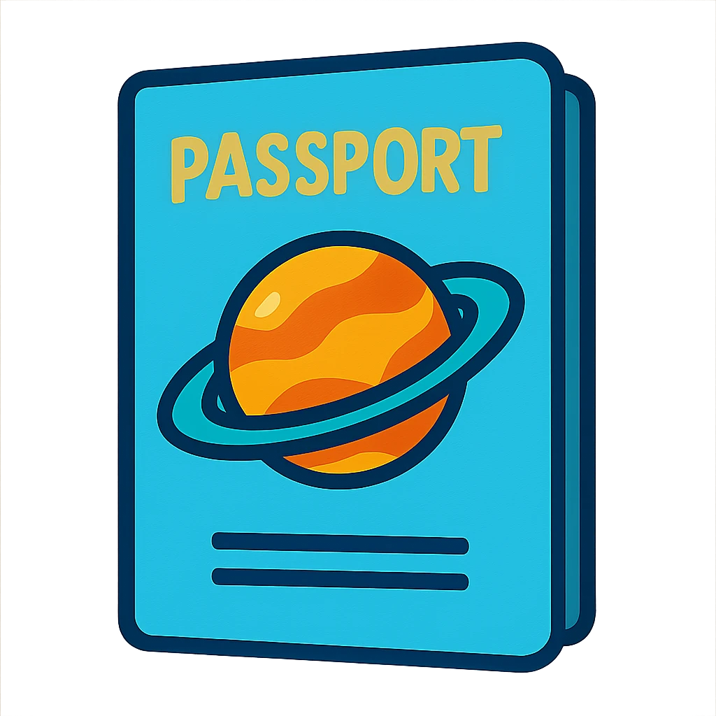 light blue passport with image planet, vibrant emoji