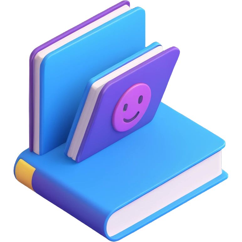 Isometric 3D book emoji, glossy blue and purple cover, rounded corners, floating with soft shadow, cute kawaii expression, bright and vibrant, smooth and minimalist, thick visible pages, transparent background, Icons8 3D inspired, professional and friendly emoji