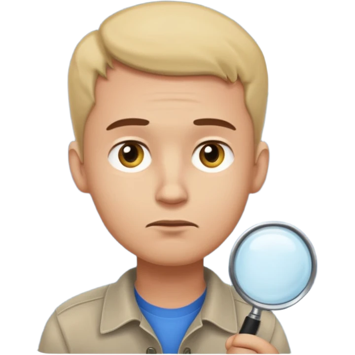 Realistic emoji-style man in simple everyday clothes, looking thoughtful and analytical. A thought bubble above his head shows a critical-thinking icon (question mark + magnifying glass). Soft lighting, expressive critical facial expression. emoji