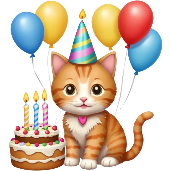 Ginger tabby kitten celebrates birthday, birthday hat, birthday cake, one candle, balloons, happy, gifts emoji