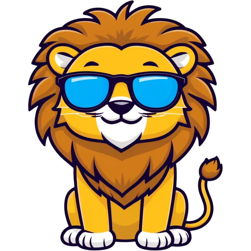 playful lion emoji with big friendly grin, golden brown mane, trendy sunglasses with shiny lenses, cartoon-like charming face, minimal background emoji