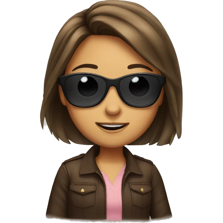 A girl with along brown hair wearing sunglasses and winking  emoji