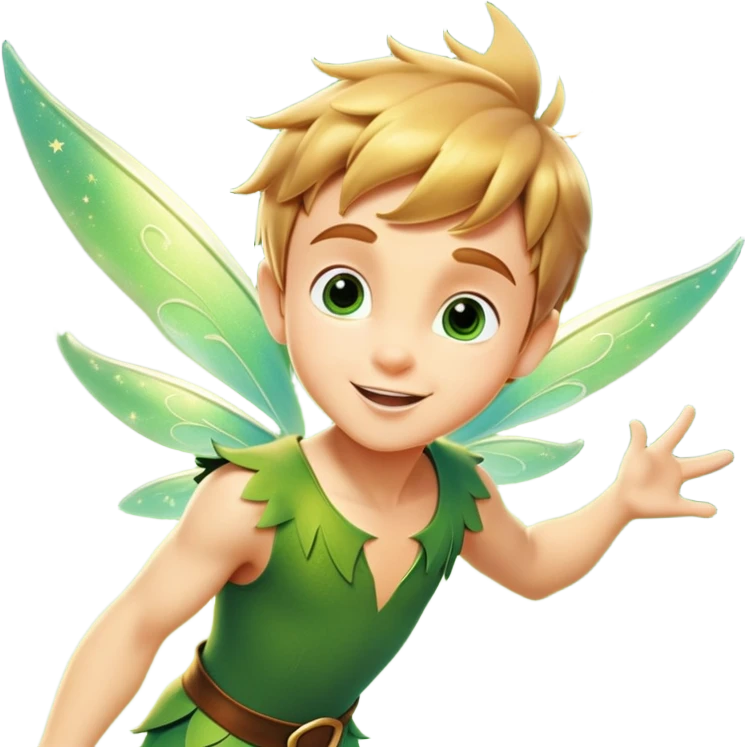 cinematic-realistic-peter-pan-portrait, head tilted dramatically with an exaggeratedly amused expression and sparkling eyes brimming with playful mischief, his iconic outfit rendered in vivid detail with dynamic shadows, soaring through the air flying next to a glowing Tinker Bell, whose delicate wings leave a trail of shimmering pixie dust across a whimsical sky. emoji