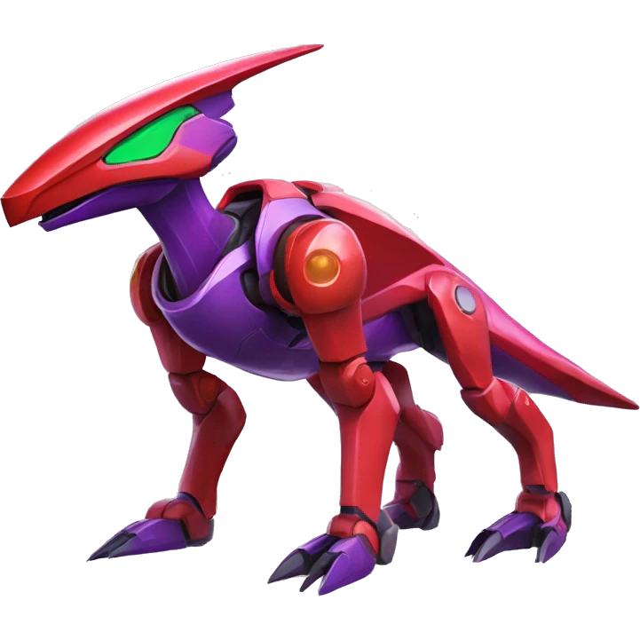 a shiny purple-green-red Genesect-Raptor-Fakémon—hybrid with a futuristic visor-helmet full body emoji