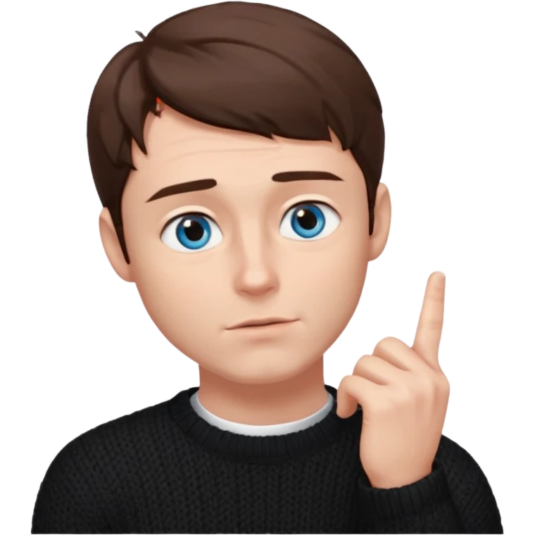 man in black knitted sweater in thinking pose, blue eyes brown hair, index finger touching his chin, eyes looking up to the top right emoji