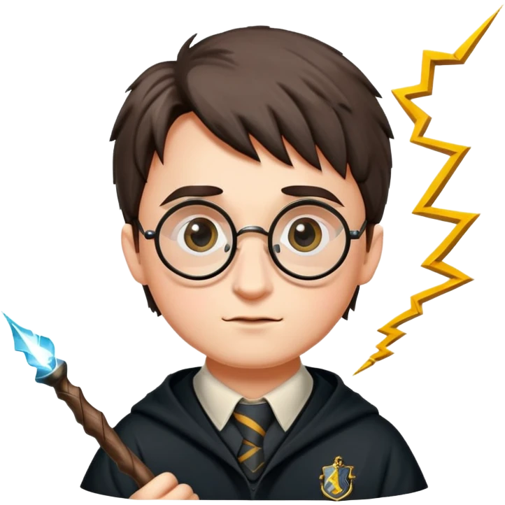 harry potter with round glasses, lightning scar, and wand emoji
