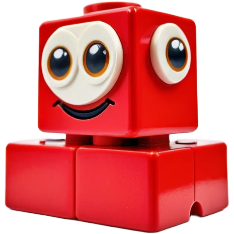 A red Lego building block with big adorable eyes and a happy expression emoji