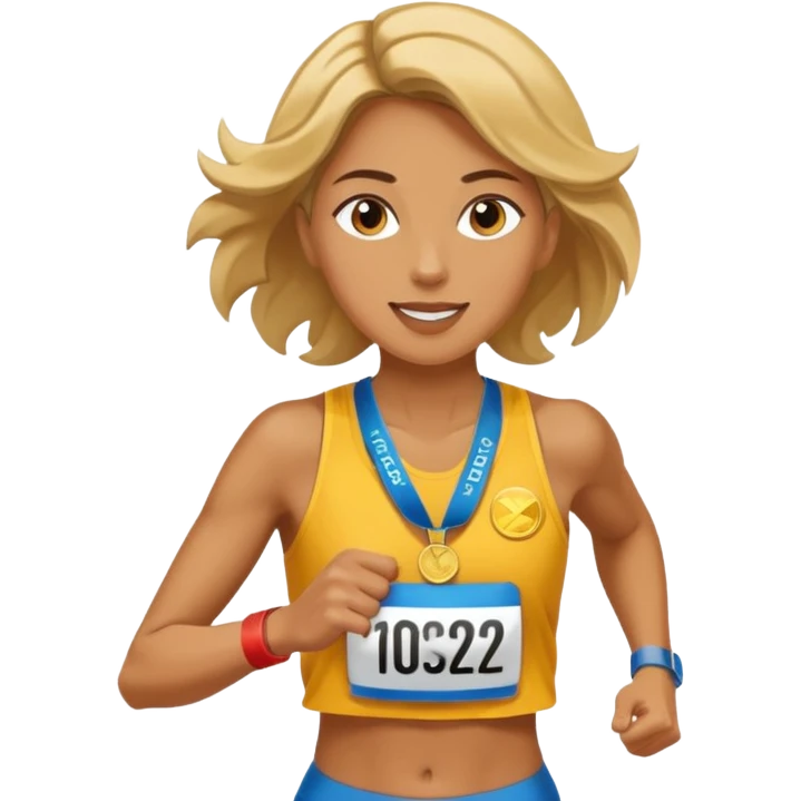 Female picking running a marathon with gold medal emoji