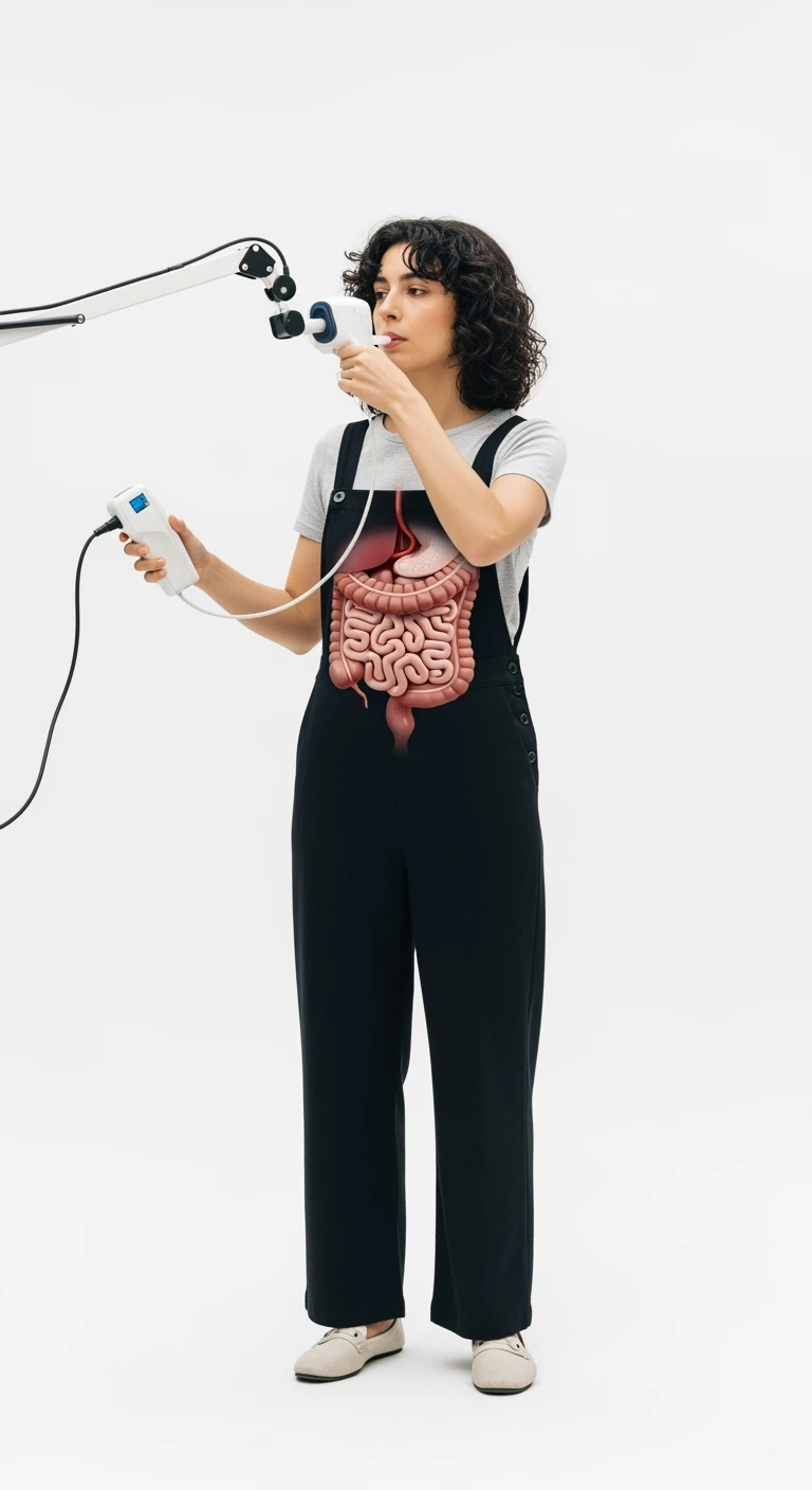 donna a figura intera con intestino anatomico realistico in evidenza che fa il "Breath test", iperrealistica 4k, sfondo bianco emoji