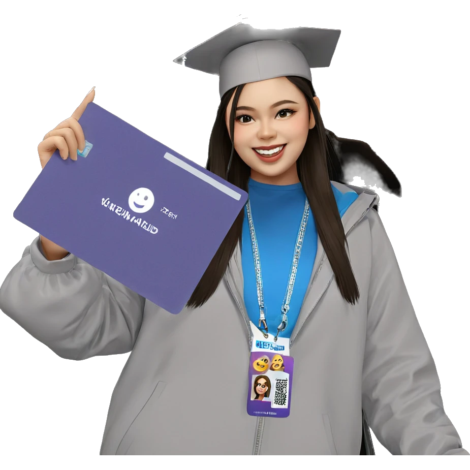 smiling girl with id card emoji