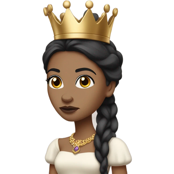 Queen with light skin, long black hair,  mauve lips, skinny gold crown, white dress, and blank stare. emoji