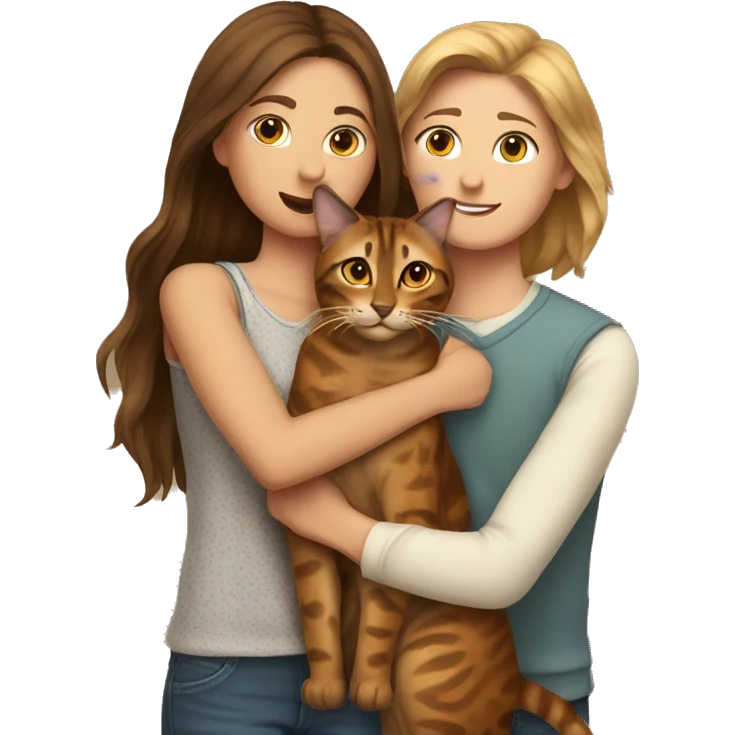 A man hugs a long brown-haired skinny hot woman and a bengal cat emoji