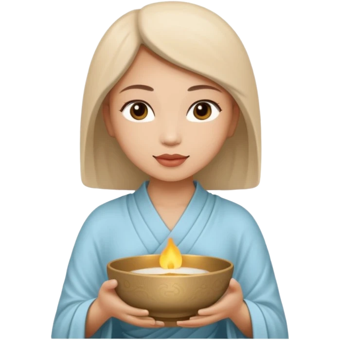 A woman holds a Buddhist empty bowl in her hands. There is a glow around the girl. emoji