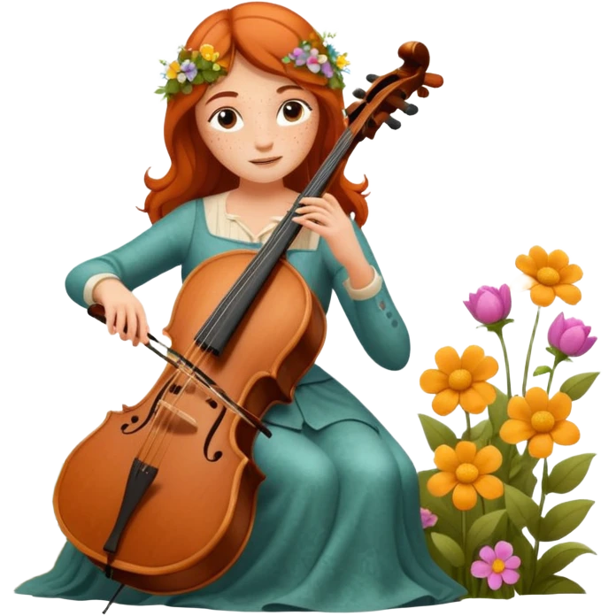 nature bard woman with freckles playing wooden cello among flowers emoji