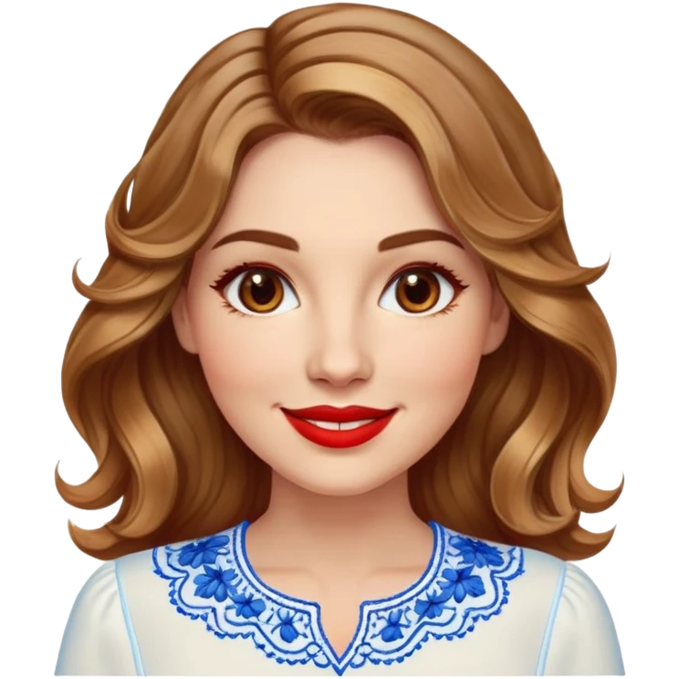 Friendly woman in her late 30s with luminous fair skin, round face, wide smile, large light brown eyes, vibrant red lips, shoulder-length dark blonde wavy hair with highlights, wearing white blouse with blue embroidery and electric blue neckline emoji