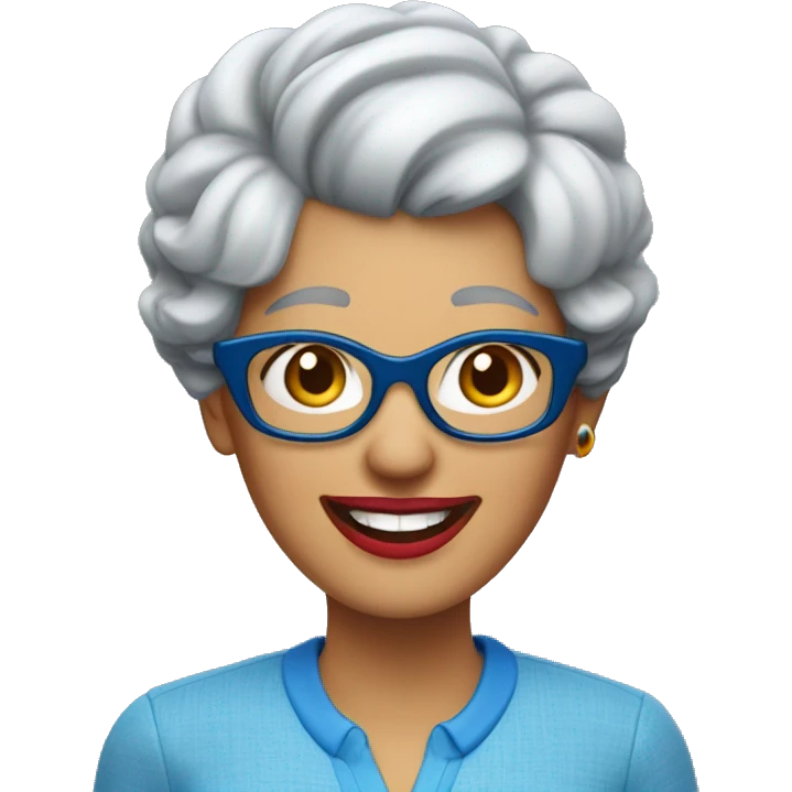 A laughing gray-haired woman in a blue scoop-necked shirt with blue glasses perched on her head. Her lipstick is red emoji