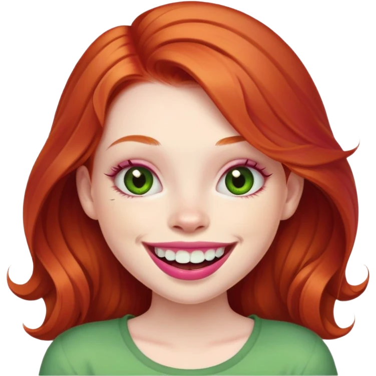 Young girl with pale skin, full pink lips smiling with big teeth, ginger red hair (not pink), big brown eyes with a hint of green, big mouth emoji