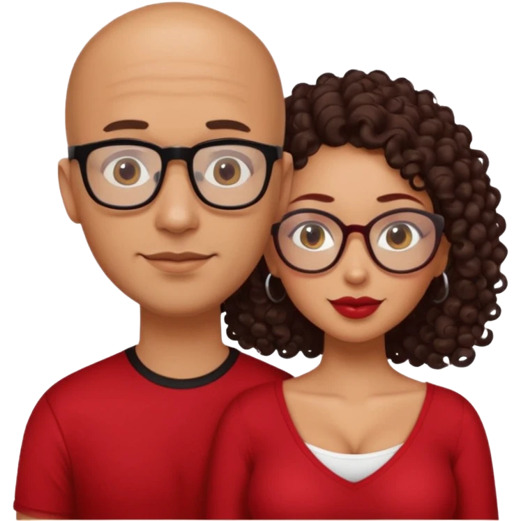 A picture of a sexy tanned couple. the guy is Mexican, with a bald hair cut and a red shirt. the girl is mixed, she has curly longer dark brown hair, the girl has glasses only, and with big boobs and black shirt  emoji