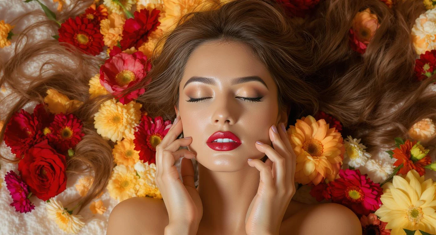 Camera drom top, Extreme Closeup photo of a beautifull woman lay around beautifull colorfull flowers, cinematic light, 8K, very detailed, sharp emoji