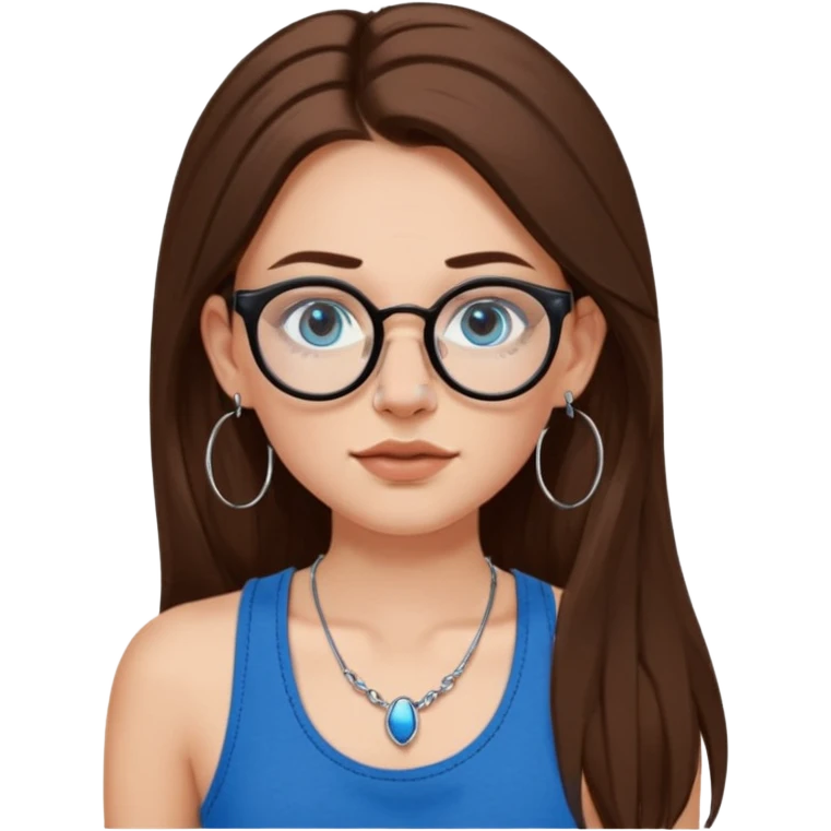 White girl with long brown hair, part going more to the RIGHT side, BLUE eyes, wearing BLACK plastic frame glasses. SEPTUM nose piercing hoop (at bottom of nose) AND stud nose piercing on right side of nose. Wearing BLACK tank top. Wearing big hoop earrings. No necklace! emoji