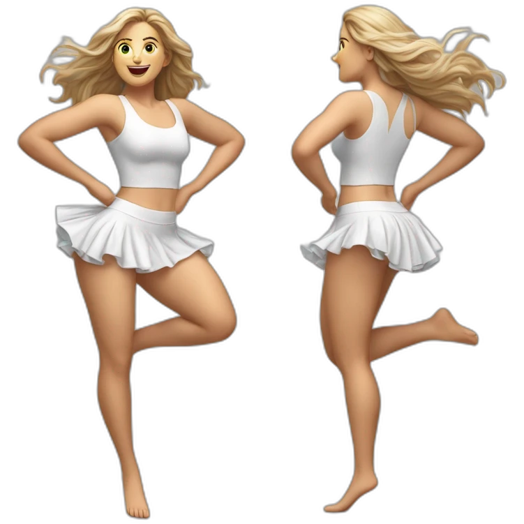 hyperrealistic-full-body-caucasian-curvy-beauty-jumping-small white-skirt-back-and-front-views-strong-wind-knickers emoji