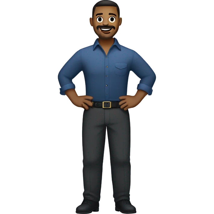  emoji of a man with short dark hair, clean-shaven, goatee and mustache.  wearing a formal button-up dark blue shirt, black pants, and a belt. smiling  with a smartwatch on his wrist. The style should be lighthearted and resemble professional attire emoji