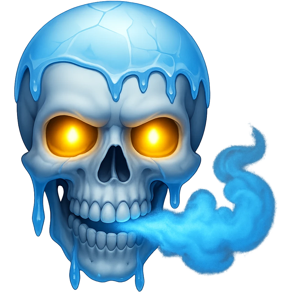 Add glowing eyes to the skull with icicles and blue cold breath. The image should have no background. Keep the cold and icy atmosphere with blue breath and icicles. emoji