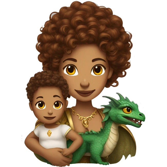 queen with brown curly hair and a baby dragon on her shoulder emoji