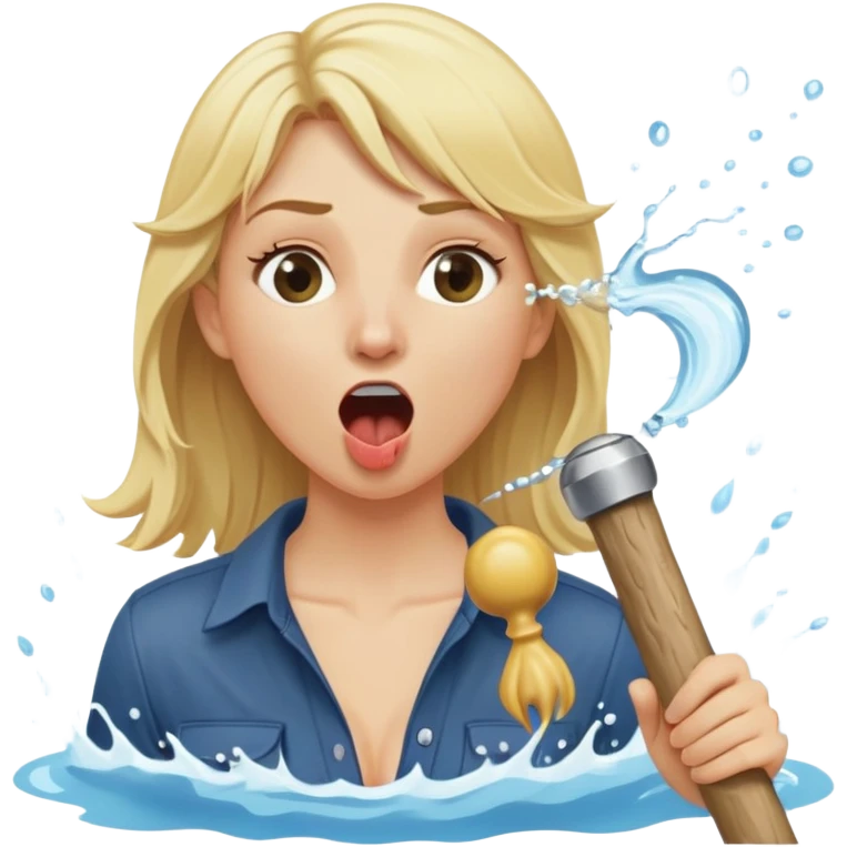 blond woman biting a wide stick with a D-shaped knob, both the same color as her skin, the knob has visible skin texture, the stick coming out of a pair of pants hanging nearby, water jet shooting from the flat side of the knob into her mouth, surprised look emoji