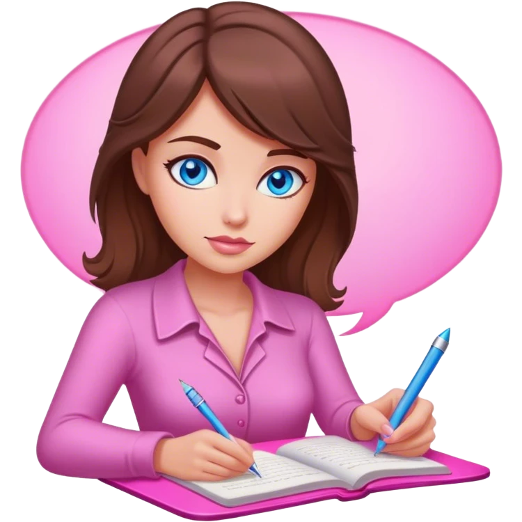 brown-haired, blue-eyed female writer writing a romance novel pink light emoji