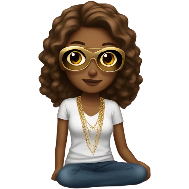 Teen girl sitting on couch with brown hair sunglasses and gold necklace  emoji