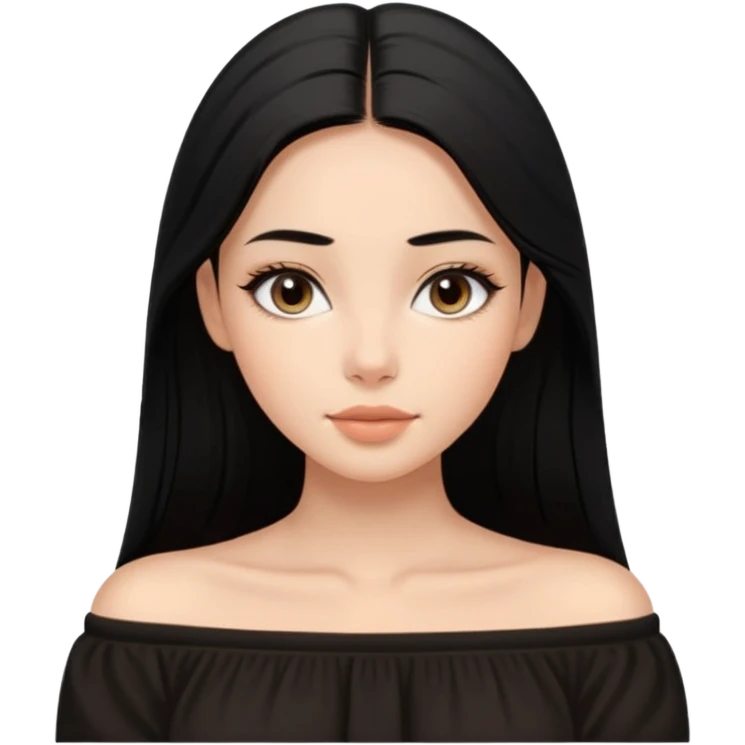 A realistic 3D avatar of a young woman with a soft oval face, slim cheeks, natural almond eyes, long straight black hair, minimal makeup, wearing a black off-shoulder top, elegant and aesthetic, tanned skintone. emoji