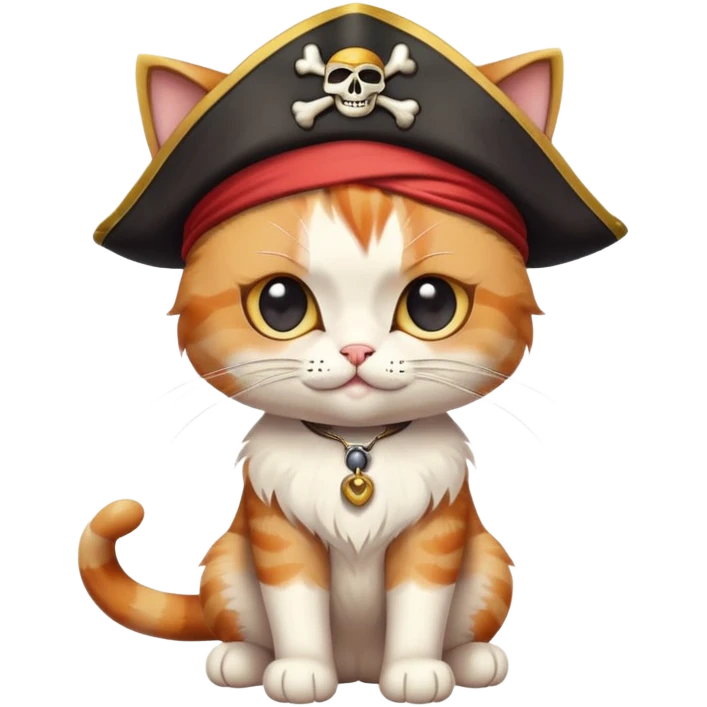 cat full body sitting, winking, wearing a pirate hat and eye patch emoji