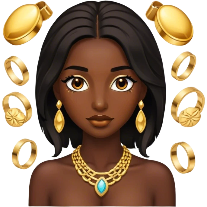 Chocolate skin women with black shoulder length locks, eyelashes and a lot of gold jewellery  emoji