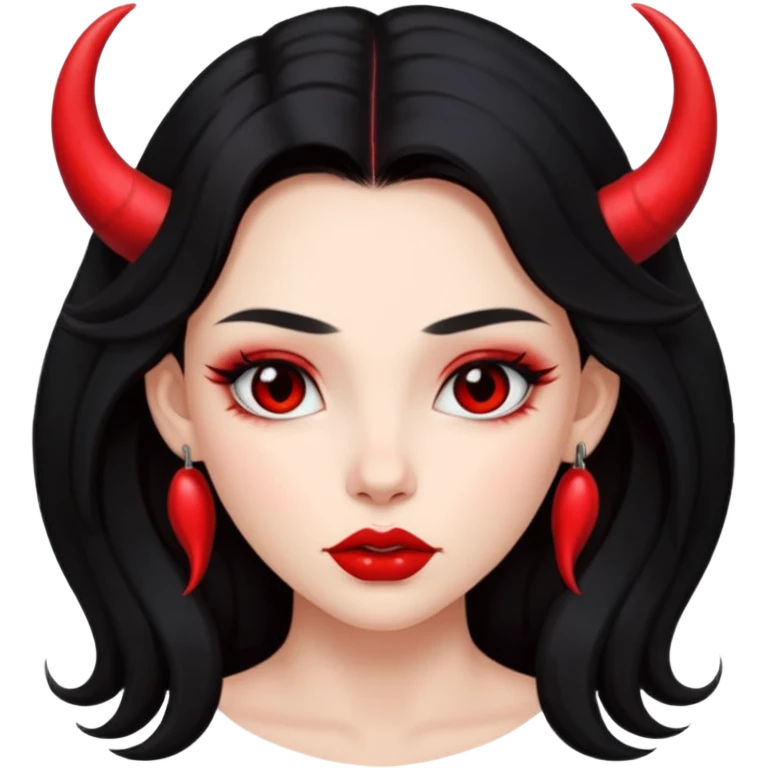 A skin red girl's face with cheekbones, long black hair, small red horns, big lips emoji