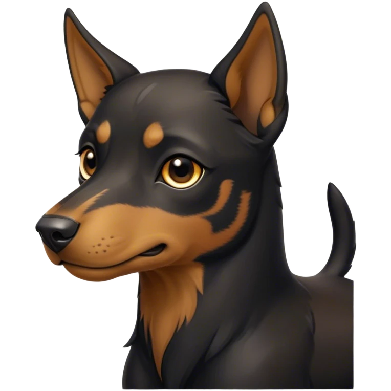 Cinematic Noble Black and Tan Kelpie Portrait Emoji, Poised and regal, with a strong, agile build and a glossy, well-groomed Fur of deep black and tan accents, piercing dark eyes, Simplified yet sharp and sophisticated features, highly detailed, glowing with a soft, dignified glow, high shine, intelligent and energetic, stylized with an air of determination, focused and attentive, soft glowing outline, capturing the essence of a watchful and confident herder, so majestic it feels as though it could bound out of the screen with effortless authority! emoji