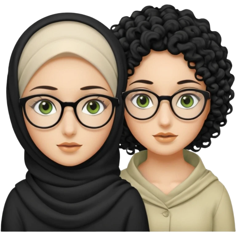 White hijabi girl with black eyes and black long hair white girl and black eyes wearing glasses and a white skin girl with curly honey hair and green eyes emoji