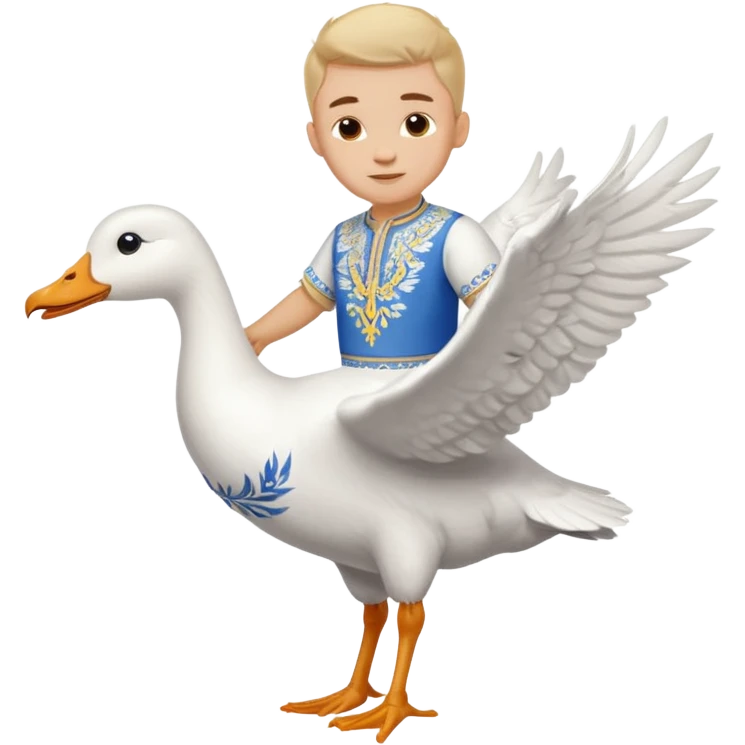 A boy in a Ukrainian white embroidered shirt flies on a white goose emoji