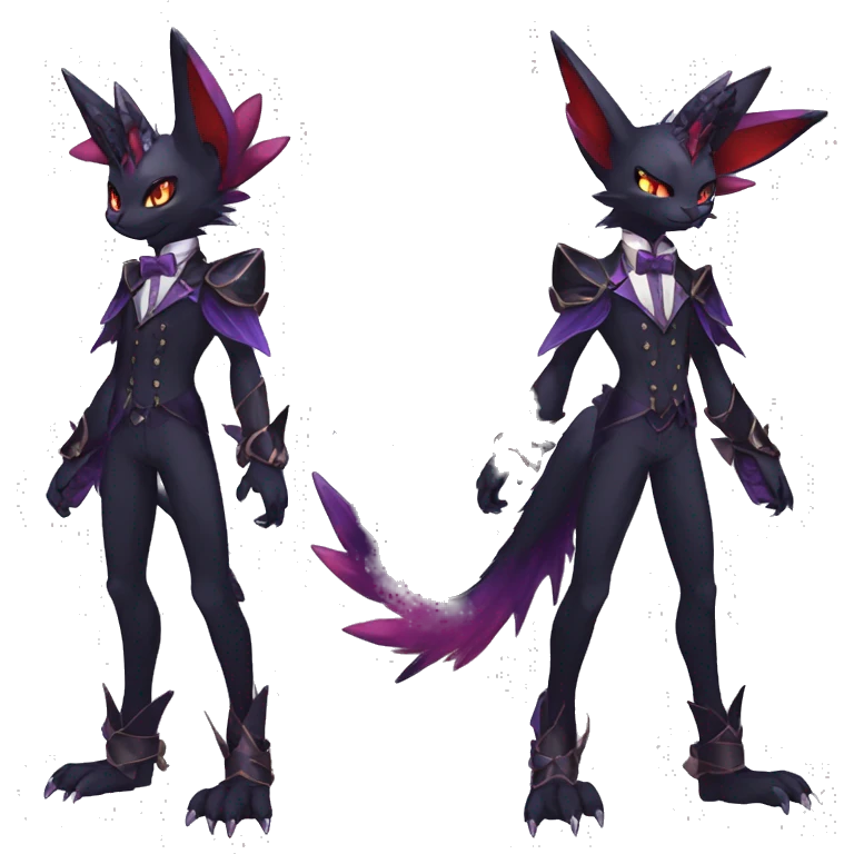cool anthro evil black purple red ethereal fantasy nargacuga-Noivern-cat-Fakemon collar harness bow tie and bracers full body emoji