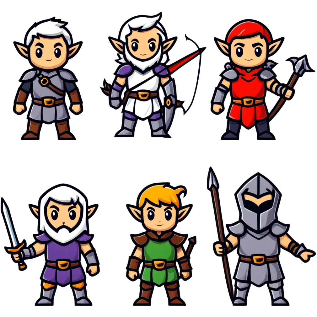 Lineage 2 character group with Human knight, Elf archer, Dwarf fighter, and Dark Elf mage emoji