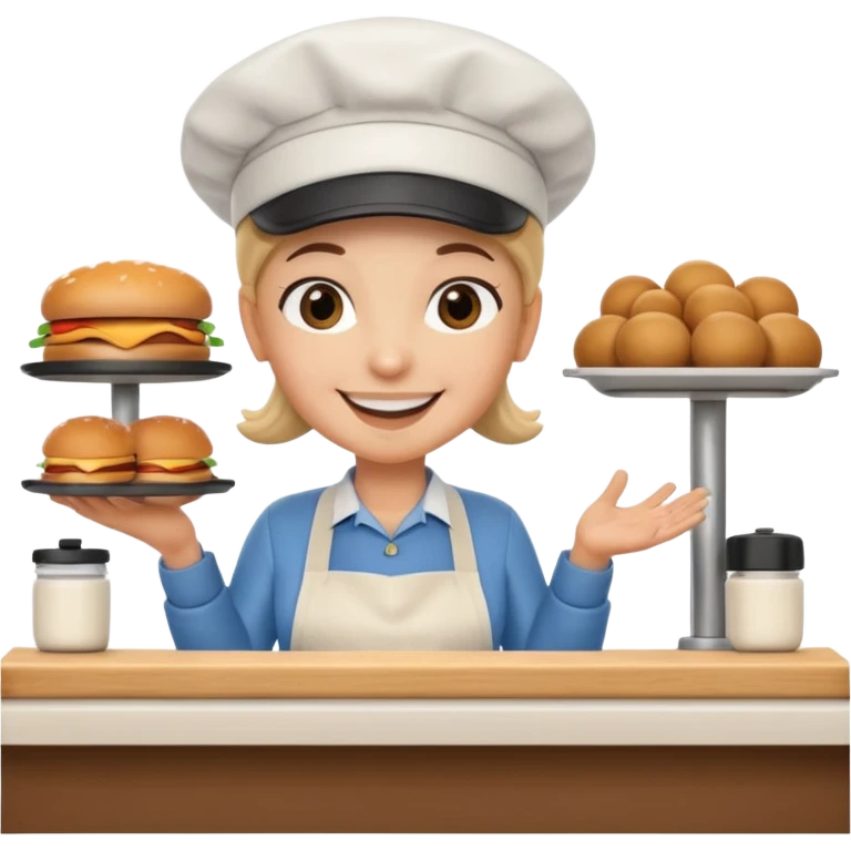 A 3D cartoon deli worker wearing an apron and hat, serving a customer at the counter, friendly smile, Memoji-style. emoji