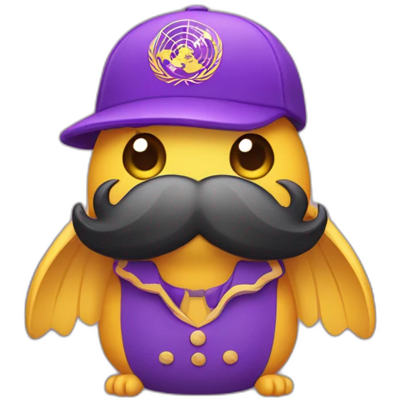 Un Moustachu avec un costume violet et une casquette emoji