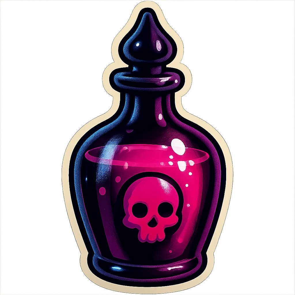gothic potion bottle, black glass with pink liquid, retro stickers style emoji