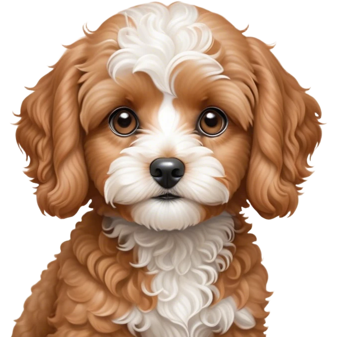 Cinematic Noble Apricot Cavoodle Portrait Emoji, Poised and regal, with a compact, cuddly build and a soft, curly apricot coat accented by gentle white markings, deep-set soulful brown eyes, Simplified yet sharp and sophisticated features, highly detailed, glowing with a soft, dignified glow, high shine, intelligent and affectionate, stylized with an air of elegance, focused and attentive, soft glowing outline, capturing the essence of a watchful and confident companion, so majestic it feels as though it could step out of the screen with effortless authority! emoji