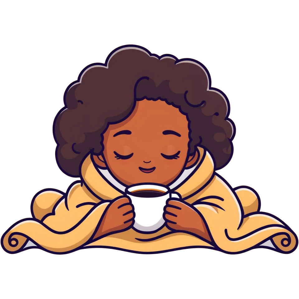  Black girl with curly brunette hair inside a blanket sipping coffee with eyes closed, cozy winter morning emoji