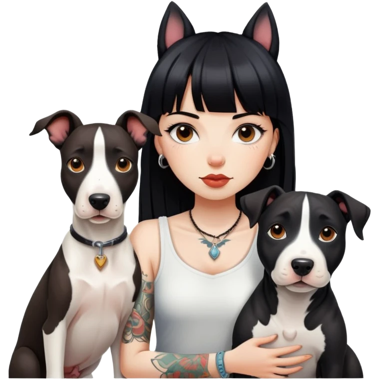 girl with long black  straight bangs hair with tattoo and a Springer dog  and  bull a terrifying dog emoji