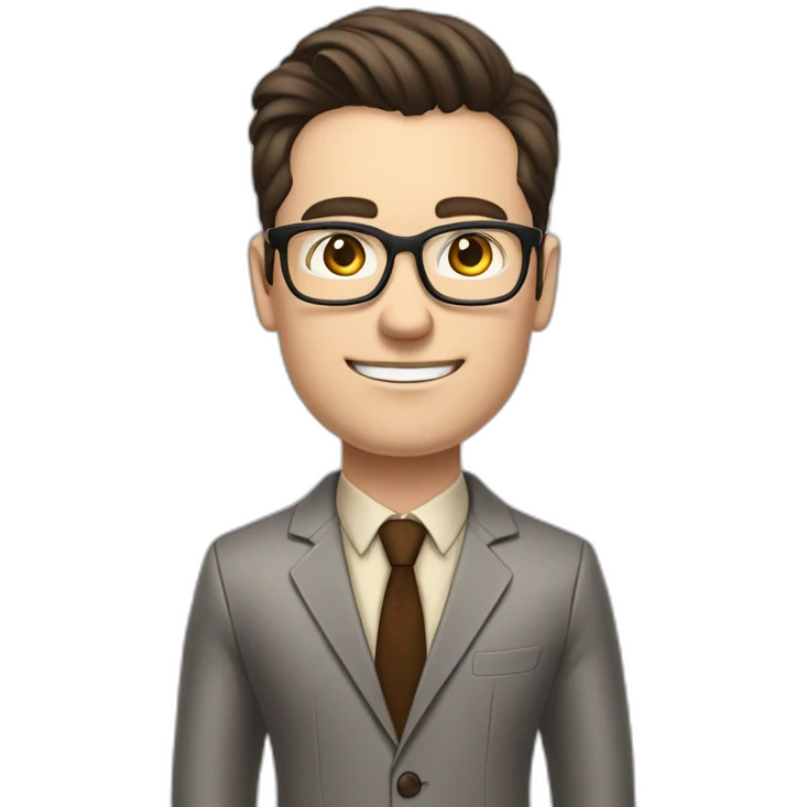 Pale skinned fit man with dark brown hair in gray jacket, beige office shirt, brown tie, brown pants and vintage glasses Writing text on a flipchart emoji